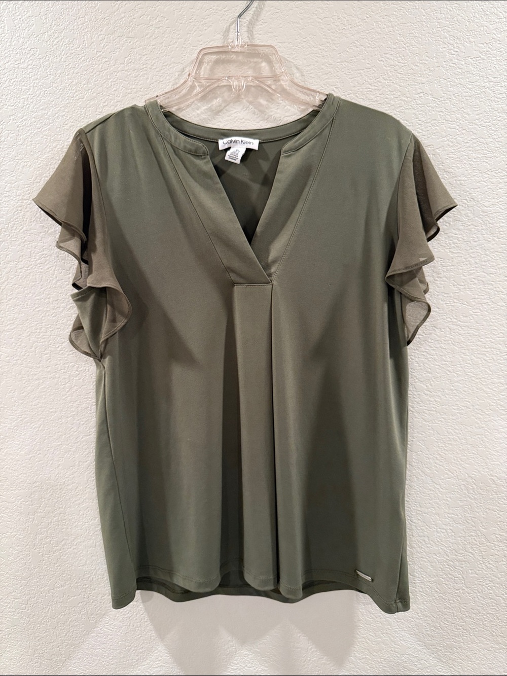 Calvin Klein Olive V-Neck Flutter Sleeve Top